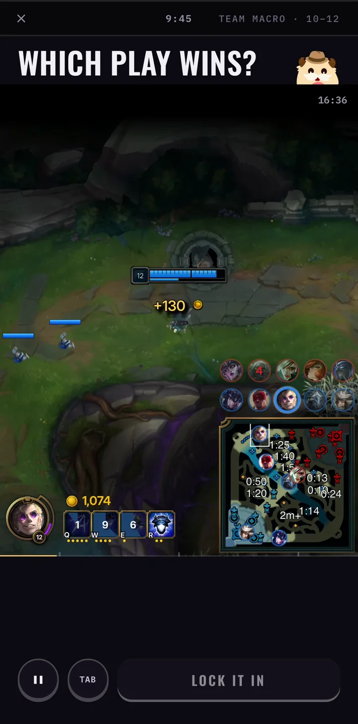 The exam tape mid-play: a pro mid-lane scenario under the WHICH PLAY WINS masthead, minimap and timers live, the lock button still dark